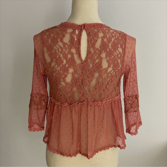 Free People Mesh Lace Bohemian Victorian Blouse Top Small Dusty Rose Romantic - Picture 3 of 10